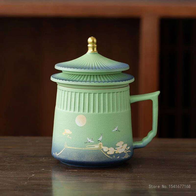 Creative Ceramic Tea Cup with Cover, Chinese Style Crane Pattern Office Supplies, Handle Teacup Separation Filter Water Mug, 1Pc