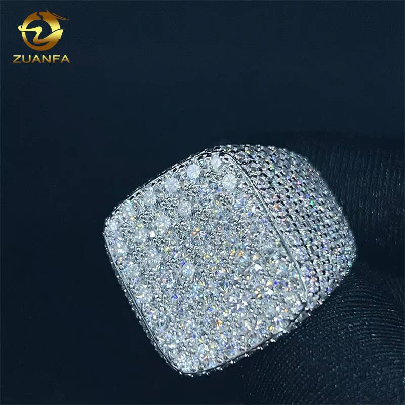 Hot Sale Design square Shape Fully Moissnaite Mens Ring 18K White Gold Plated 925 Silver VVS Moissanite Iced Out Hip Hop Ring
