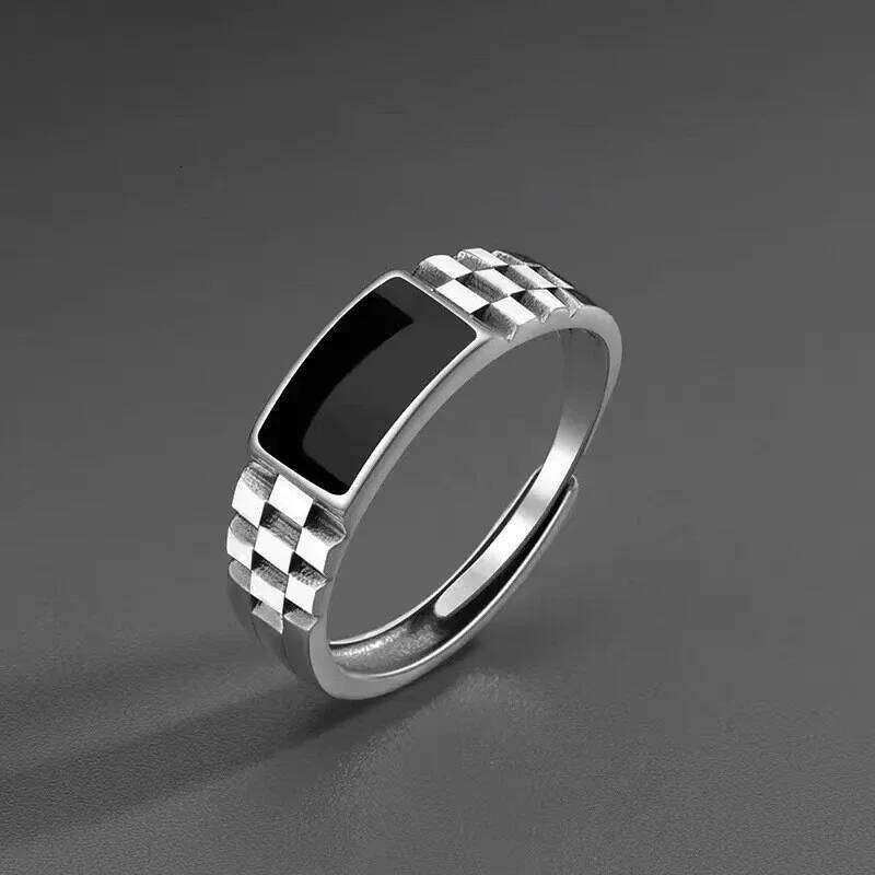 New Light Luxury Silver Plated for Men Vintage Drip Glazed Opening High-end Geometric Finger Ring XJ260130