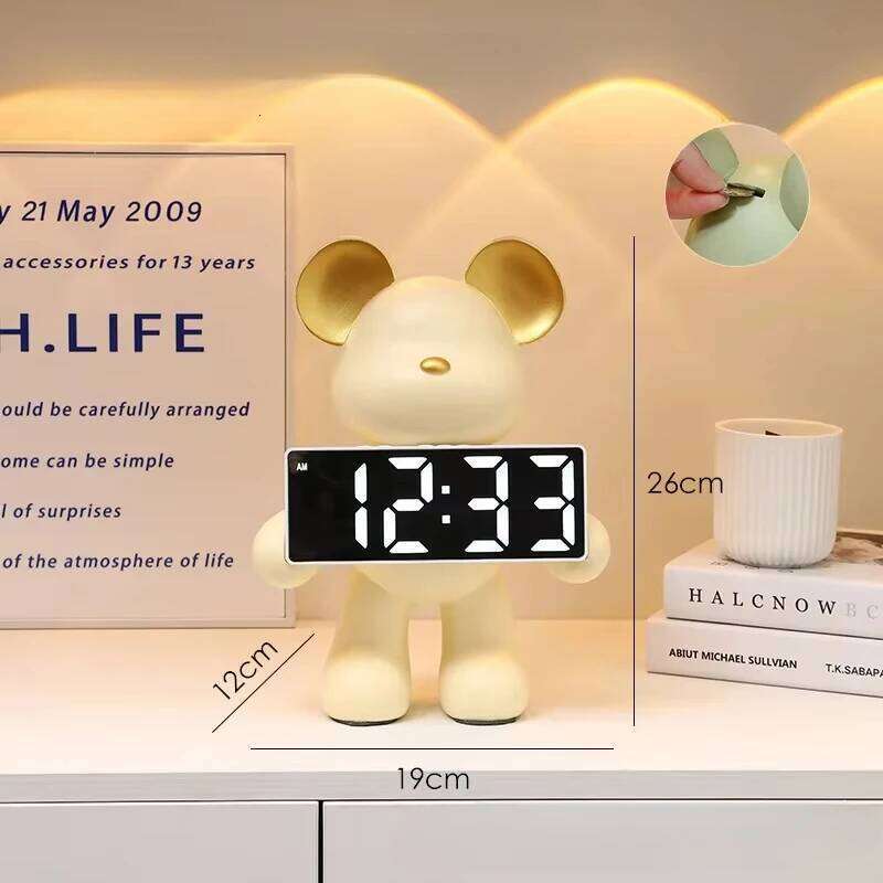 Creative Resin Miniature Clock Figurines Table Ornament Bear Animal Model LED Alarm Battery/Plug-in Use for Home Decor W260130