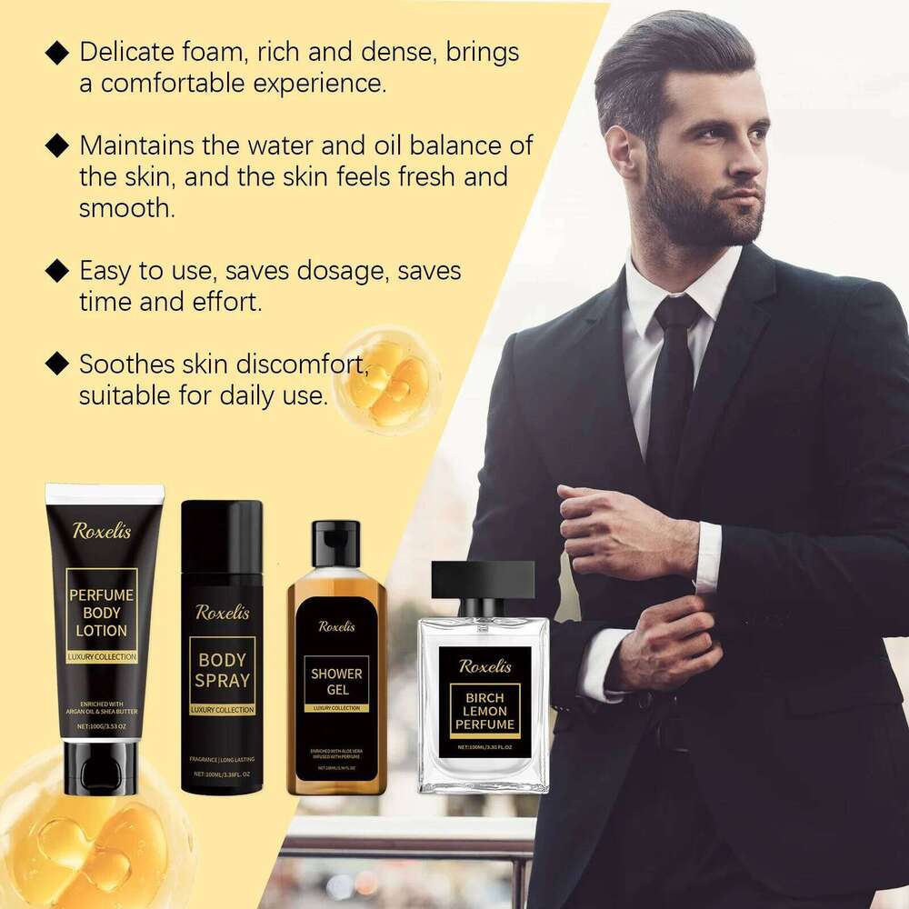 Roxelis 1set Men's Luxury Perfume Gift Lasting Fragrance Charming Gentlemen Pheromone Scent Men Glamour Body Wash Care Set H260130