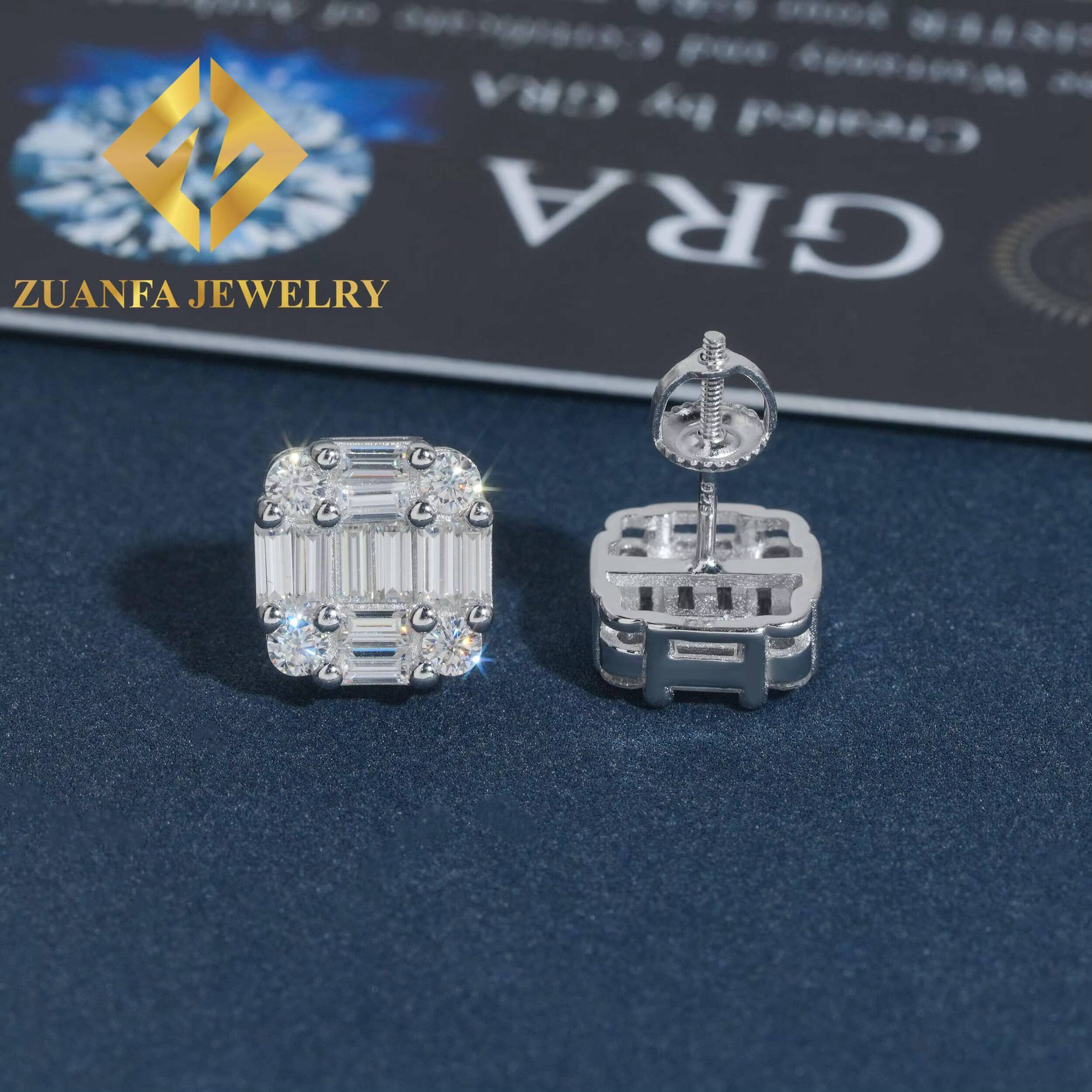 Wholesale Price GRA Certificates Square Shape Stud Earring Hip Hop 925 Sterling Silver baguette Moissanite Luxury Stud Earring