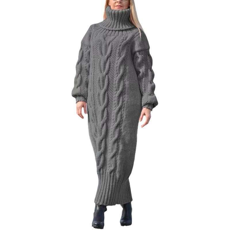 Cross-Border Amazon European and American Autumn Winter New Long High Neck Loose Cable Knit Solid Color Elegant Sweater for Women Casual