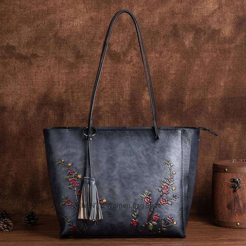 Vintage D Floral Embroidery Designer Large Capacity Women S Tote Bag Premium Cowhide Leather Luxury Handbags For KABAHEBINGJUE