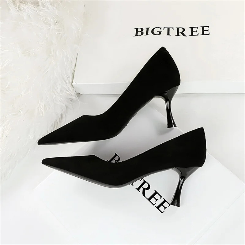 Fashion Suede Black Women Simple Pumps Wine Glasses High Heels Shallow Mouth Pointed Toe Office Comfort Single Shoes 260123