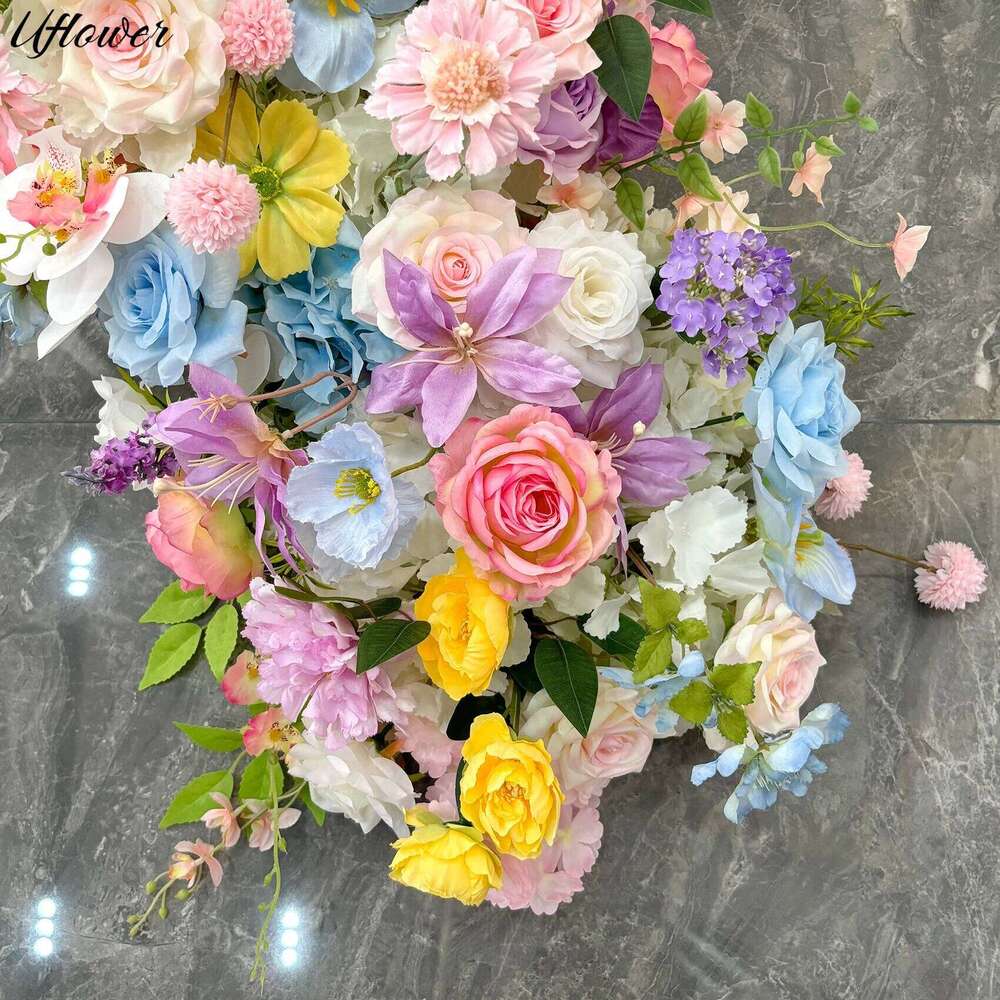 Uflower Artificial Row Colorful Rose Decoration Table Centerpiece Flowers Backdrop Wedding Wall Arch Party Prop Y260130