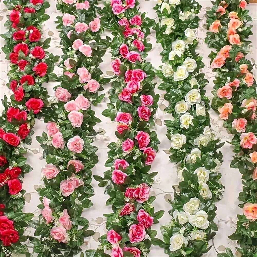2.2M Artificial Rose Vine with 10 Blooms White pink Faux Floral Hanging Decor for Wedding Indoor Durable Plastic Plant W260130