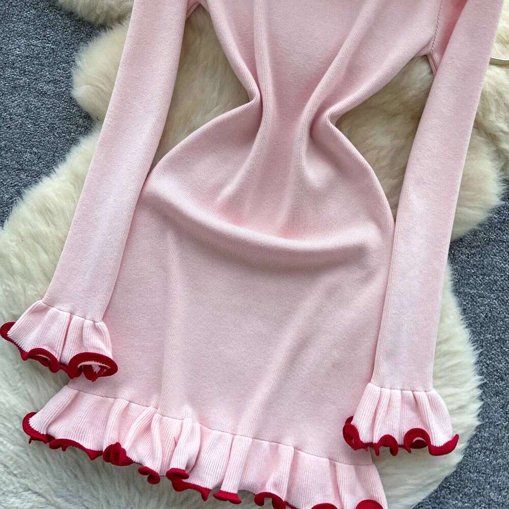 YuooMuoo Chic Fashion Sexy Wrap Hips Knitted Mini Autumn Winter Long Sleeve Ruffled Bodycon Party Dress Streetwear Outfits XJ260130