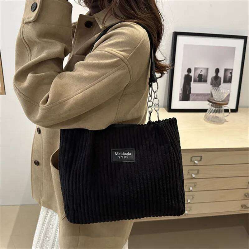 Chic Corduroy Tote Spacious Trend Chain & Leather Accents Handbag for Women Shoulder Shopping Bag, Suitable Daily Commute Z260130