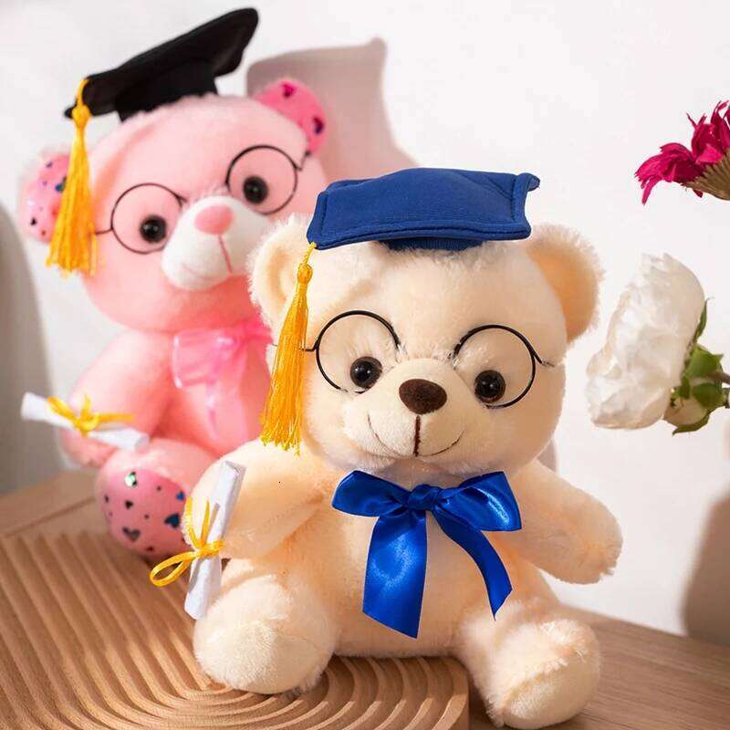 25cm Graduation Bear Plush Toy-Doctor Teddy with Cap&Diploma 3 Color Cute Stuffed Animal Gift for Students White/Yellow/Pink Y260128