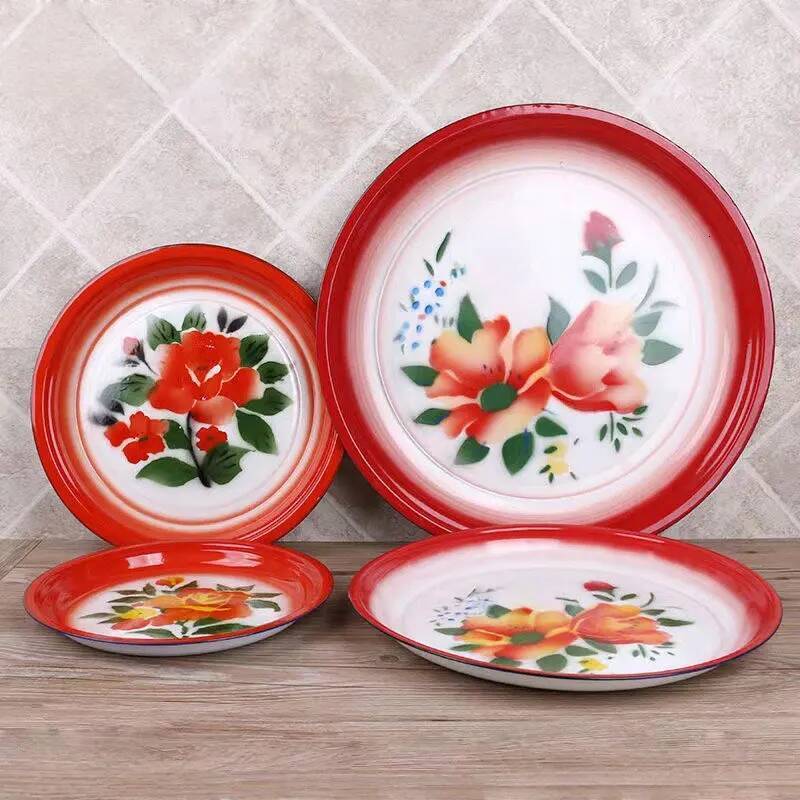 18/25/35/40cm Vintage Enamel Snack Serving Plate Chinese Traditional Round Tea Tray Wedding Party New Year Decor Tableware ddmydog