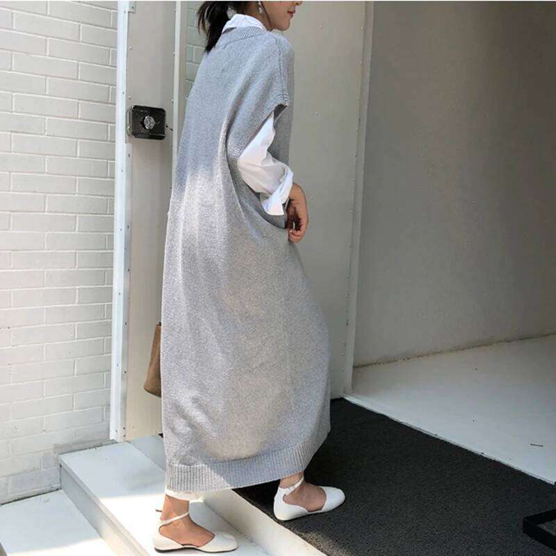BGTEEVER Chic Casual Winter Oversize Straight Sleeveless Sweater Women Thick Knit Long Female Knitted Vest Dress XJ260130