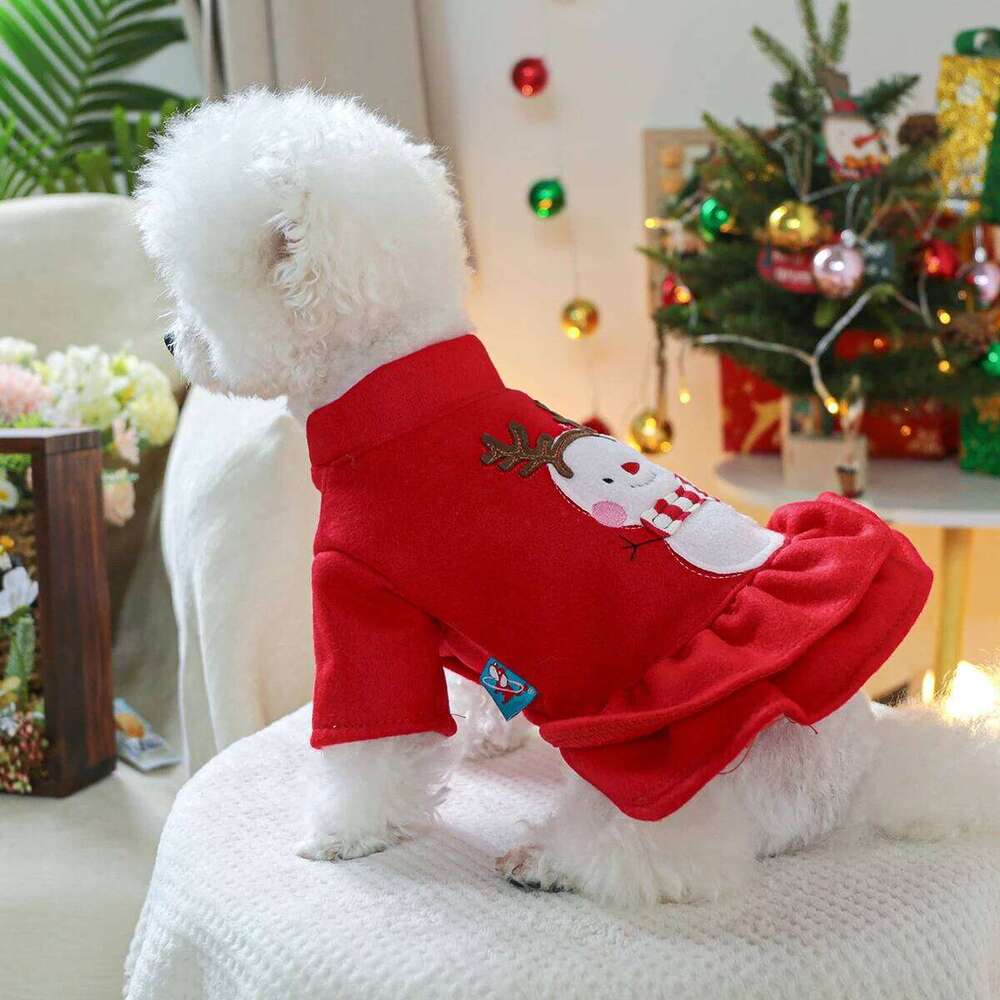 1PC Pet Clothes Dog Cat Autumn Thickened Warm Red Christmas Style Dress H260129