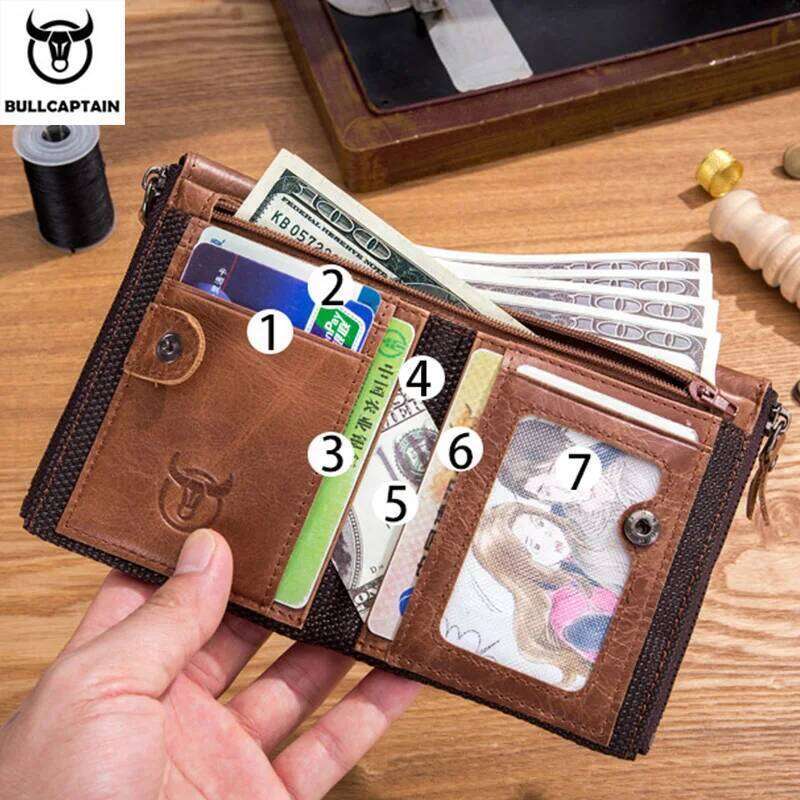 BULLCAPTAIN retro men's leather zipper buckle short money card holder coin purse RFID wallet QB06 Z260130