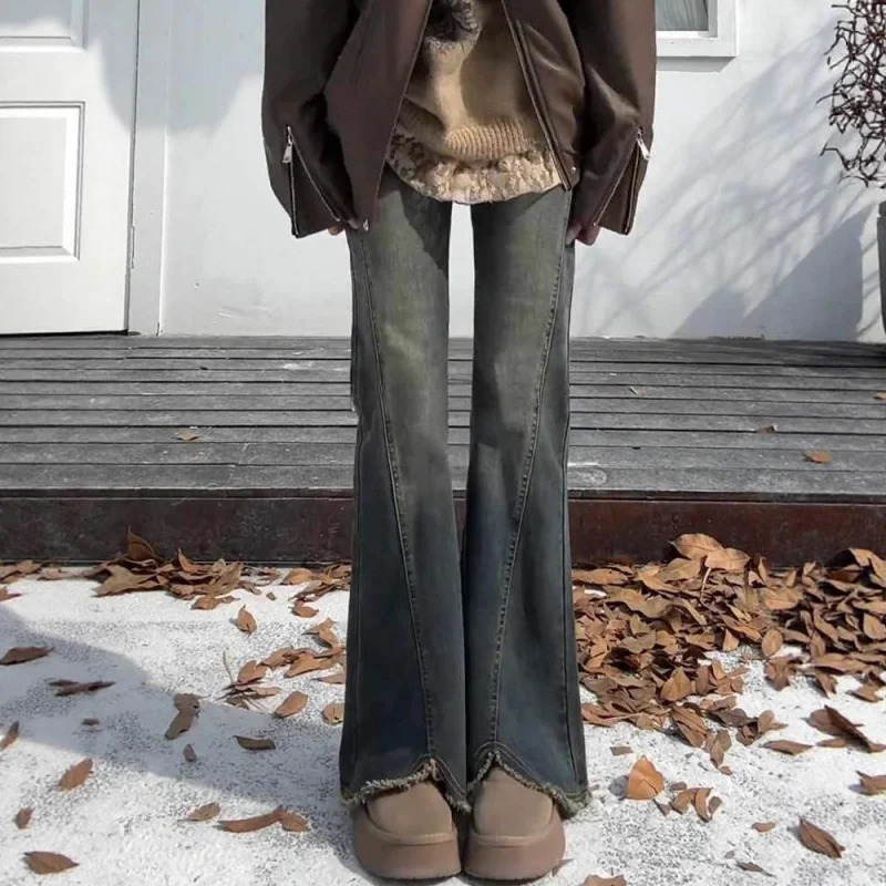 Cement Gray Frayed Hem Flared Micro Flare Jeans for 25 Plus Size High Waist Slimming Hip Covering Elastic Pants in Autumn Winter 260126