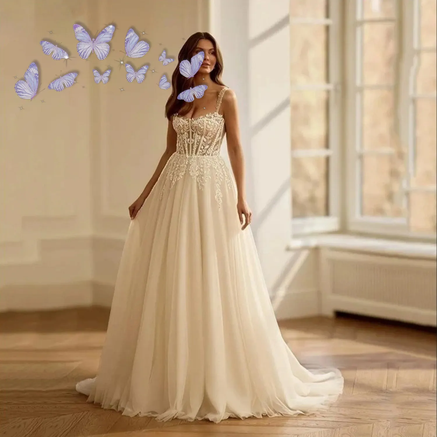 Sexy Floral Spaghetti Straps Boho Wedding Dresses Princess Appliques Bridal Gowns Robe De Mariee Vestidos De Novia