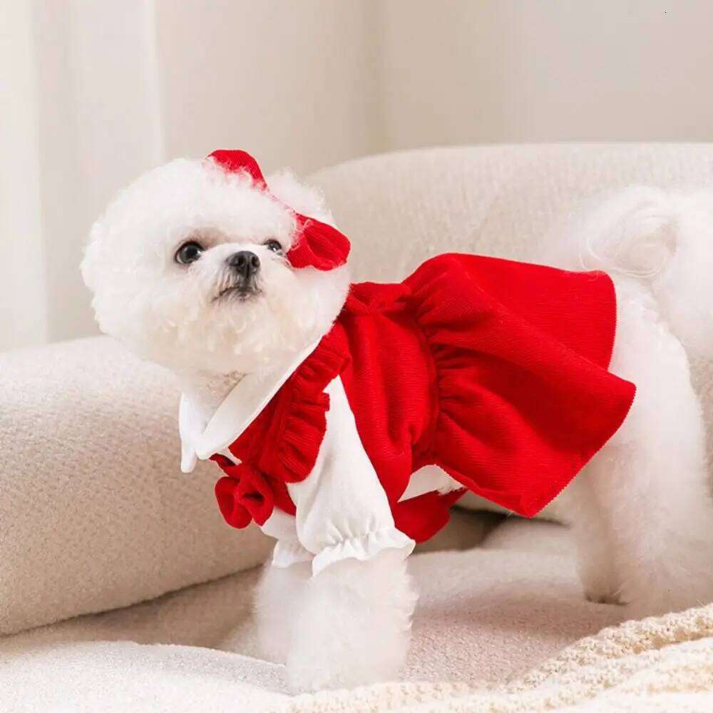 Creative Pleated Corduroy New Year Christmas Sweet Bow Dog Skirt Elegant Cute Pet Costume Fall Winter H260130