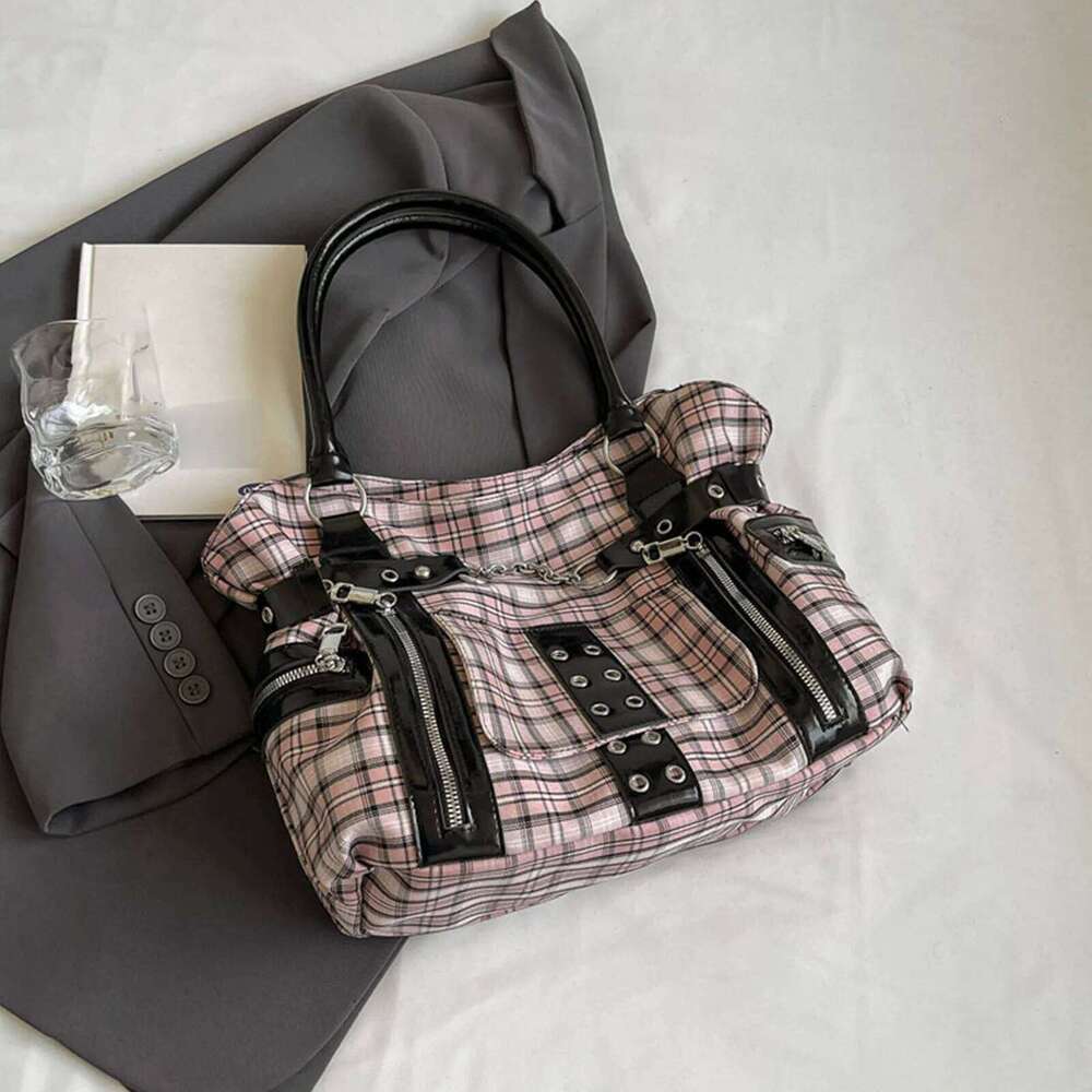 Women Versatile Plaid Tote Multiple Pockets Rivet Motorcycle Stylish Metal Stud Underarm Bag Commute Handbag Z260130