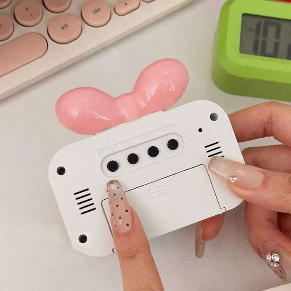 Cute Bowknot LED Digital Temperature Detection Mini Alarm with Night Light Gift Desktop Clock Bedside Decoration W260130