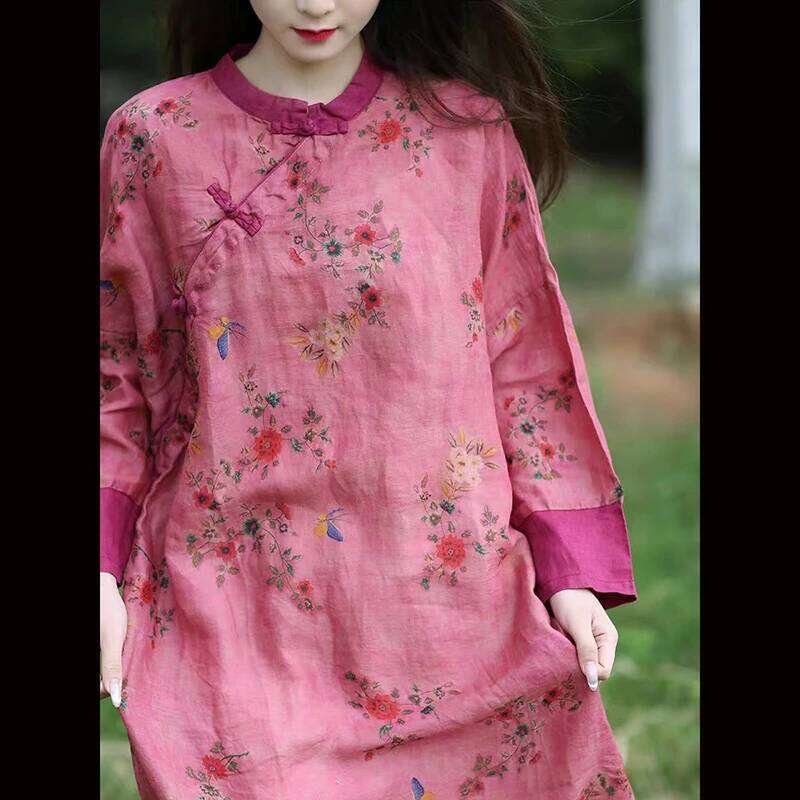 Spring Summer New Chinese Style Women Improved Qipao Long Dress Vintage Print Ramie A-Line Loose Dresses Good Quality Tj47