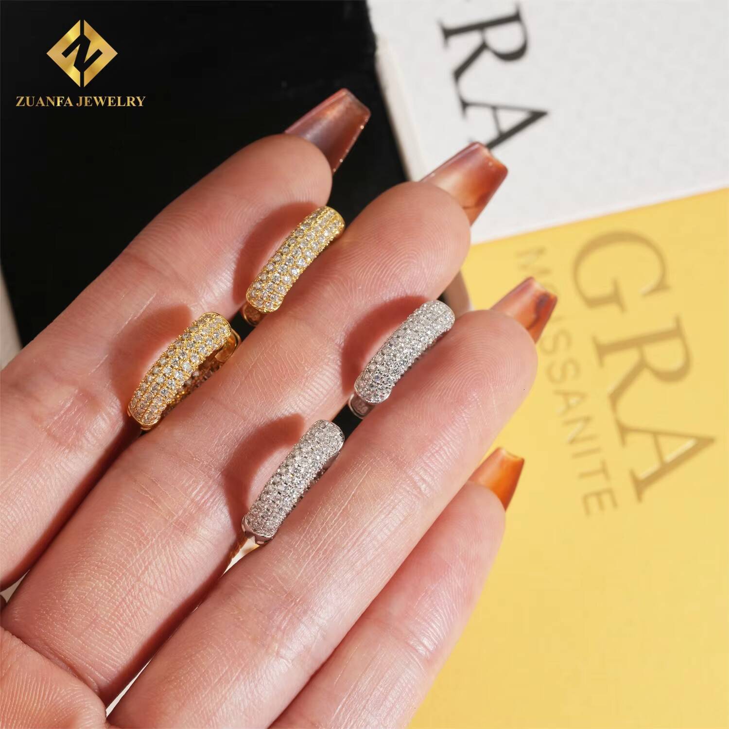 RTS Iced Out 3 Rows VVS Moissanite Diamond Earrings 925 Silver Jewelry Trendy Hip Hop Hoop Earrings Diamonds for Men Women