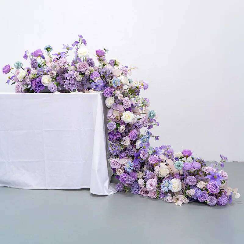 Purple Flower Arrangement Wedding Table Decor Floral Runner Artificial Flowers Row Event Party Backdrop Prop Window Display prop Y260130