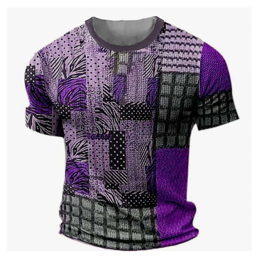 Men's T-shirt Retro Patchwork Print Short Sleeve Mixed Checkered And Animal Patterns Relaxed Crew Neck Fit Daily Outfit