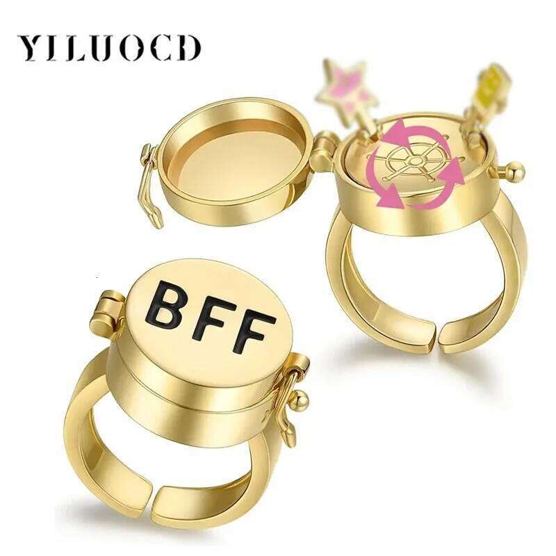 YILUOCD 2 Pcs Gold Color Spinner BFF Matching Rings Best Friend Open Rotate Ring Forever Friendship Cute Cartoon Anime Jewelry XJ260130