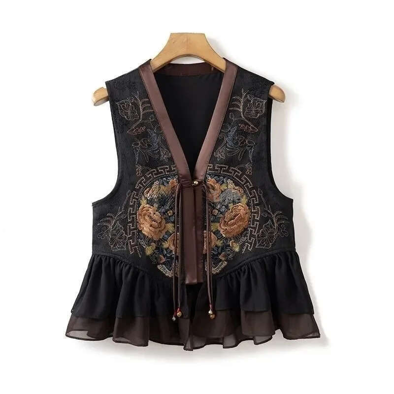 elegant leisure lace patchwork chinese ethnic style literature art zen vest temperament vintage women s daily singlet