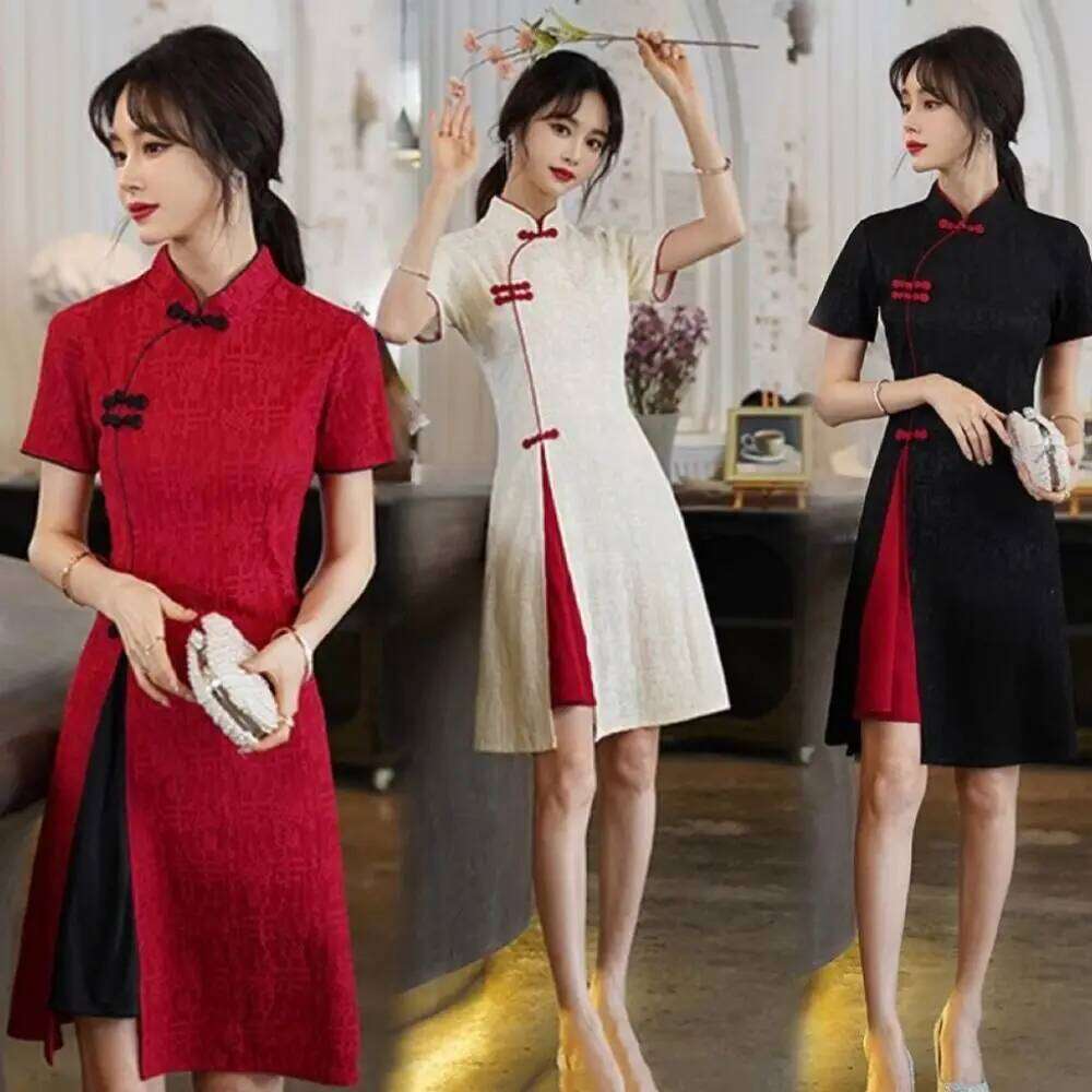 Fashion 2026 Stand Collar Short Sleeve Qipao Long Fork Vintage Traditional Chinese Dress China-Chic Casual Cheongsam Women Designer