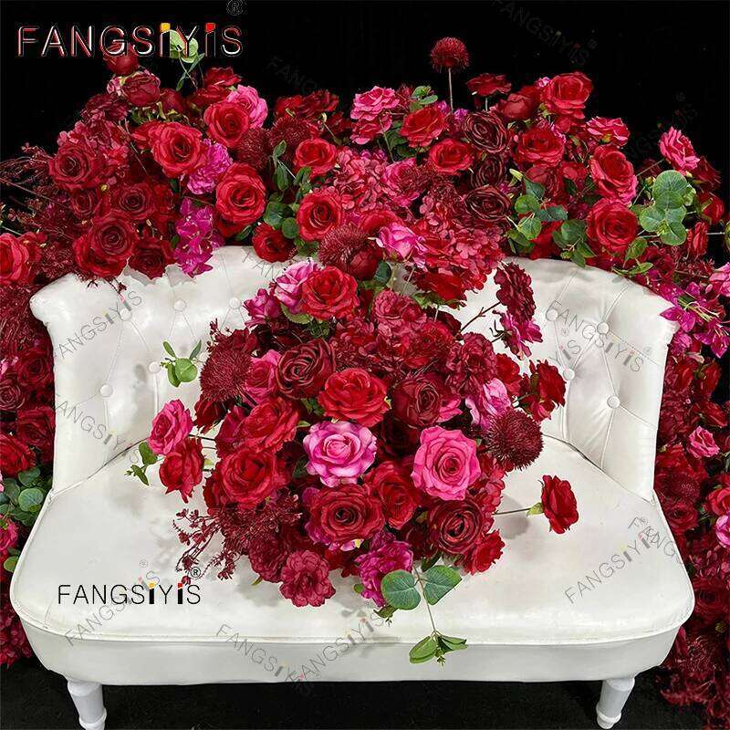 Red Wedding Backdrop Decor Floor Flower Row Runner Event Table Centerpieces Ball White Rose Floral Strip Arrangement Party Props W260130