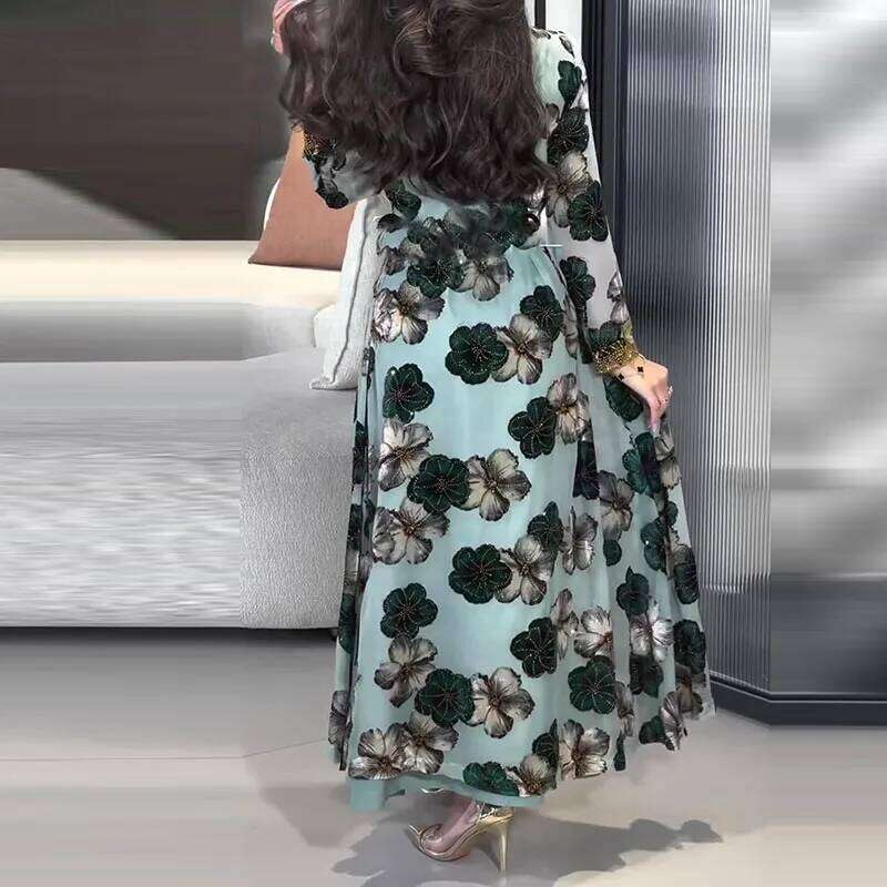 Vintage Floral Print High Waist Banquet Autumn New Long Sleeved Pleated Women's Casual Patchwork Slim Fit Maxi Dress XJ260130
