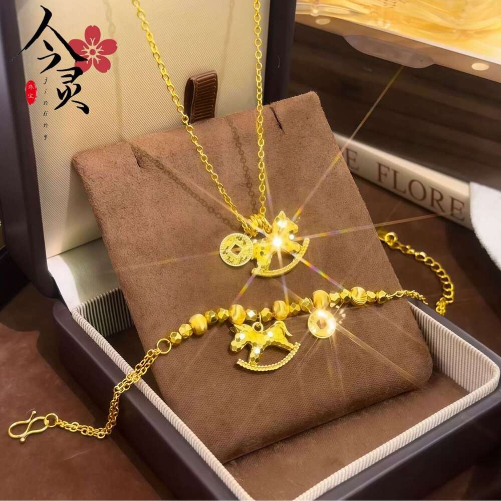 Store Same Style Sand Gold Sparkling Instant Wealth Necklace for Women, Light Luxury Niche Design, Crushed Ice Trojan Horse Copper Coin Choker