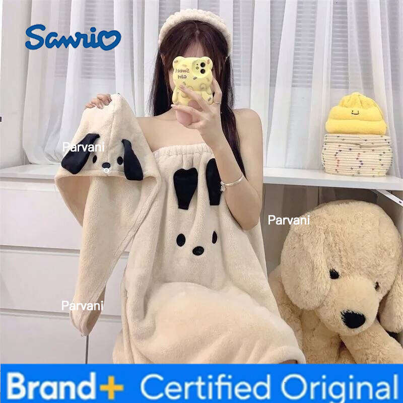 Sanrio Autumn Winter Cartoon Bathrobe Girl Hair Drying Hairband Coral Fleece Thicken Wearable Towel Take A Bath Tube Dress H260130