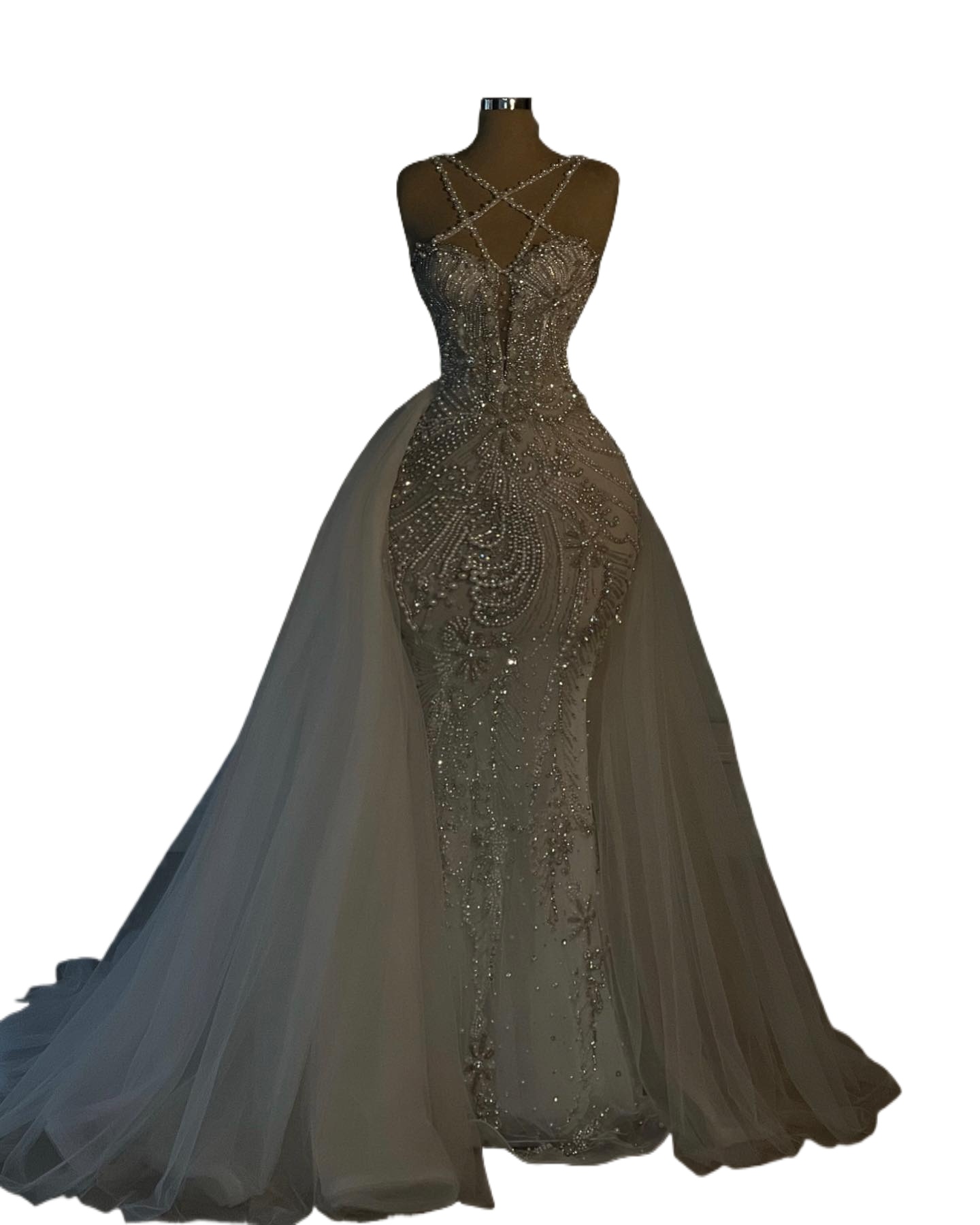 Mermaid Dresses Cross Neck Crystal Pearls Wedding Dress Sweep Train Robe De Mariee Bridal Gowns 0515