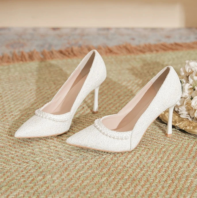 High Heels Womens Pearl Lace High Heels Womens Thin Heels Pointed Bridesmaids Solid Color Large Size Wedding Shoes 260123