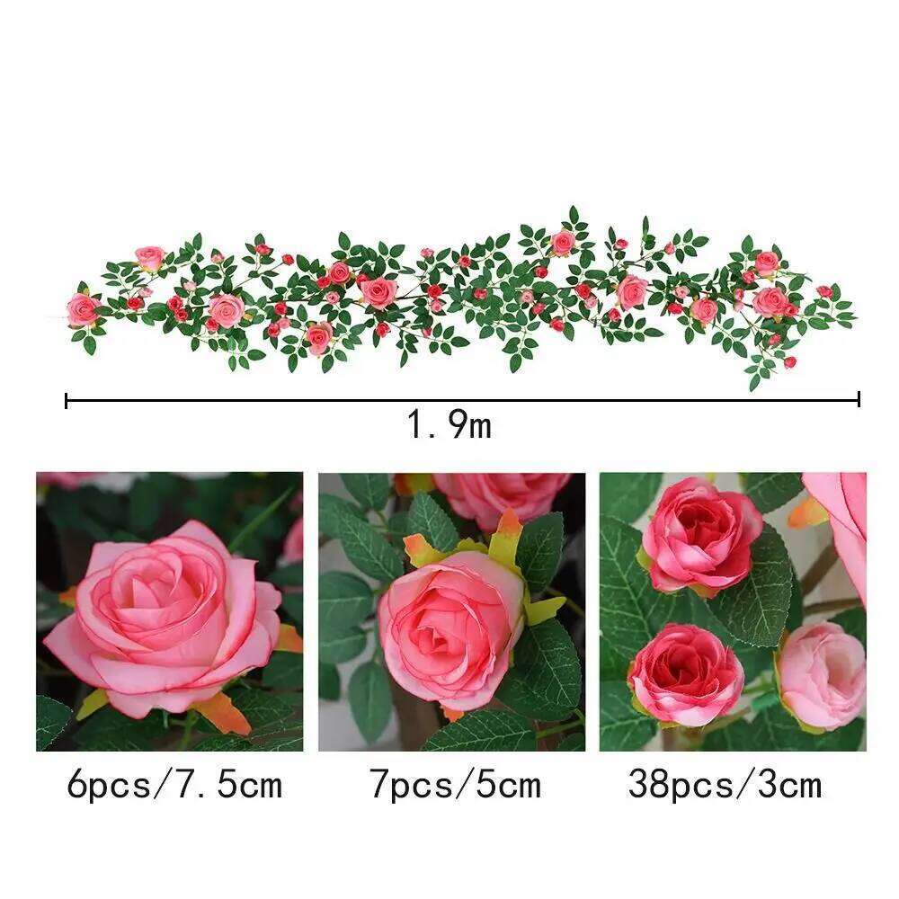 3D 190cm Artificial DIY Vine Silk Flowers Rattan Hanging Rose Background Wall W260130