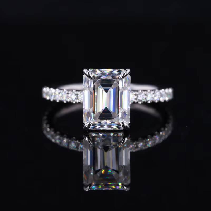 Starsgem 14k White Solid Gold Lab Grown Diamond halo 9x7mm Emerald Cut Moissanite Engagement Ring