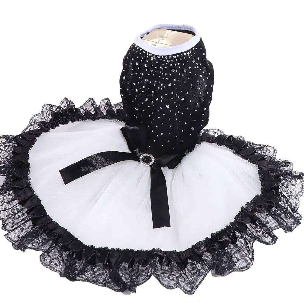 Beautiful Black-white Glitter Bow Skirt Diamond Formal Skirts with Lace Trim Dot Tutu Dog Dress Photo Prop H260130