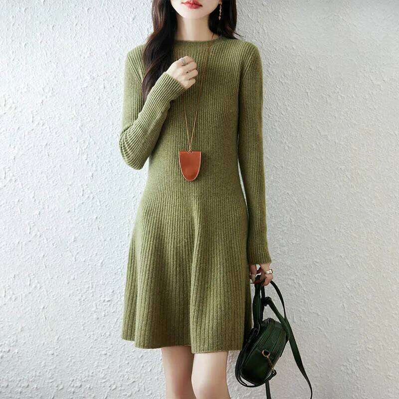 Yoyoselect 100% Merino Wool Women's O Neck Mini Length Autumn Winter A Line Slim and Flare Thickened Soft Warm Dress XJ260130