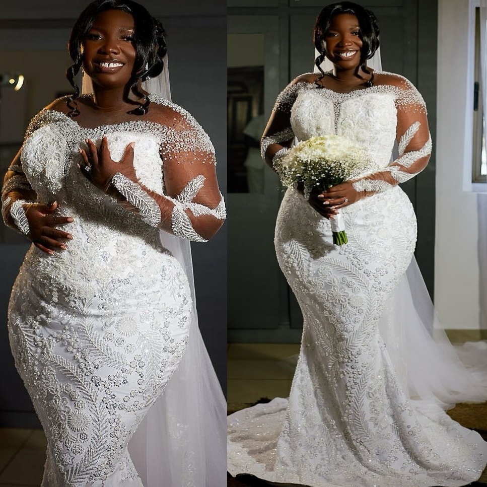 African Aso Ebi 2026 Ivory Mermaid Wedding Dress Beaded Appliques Sheer Neck Sequined Full Sleeves Vintage Charming Bridal Gowns Dresses ZJ2341