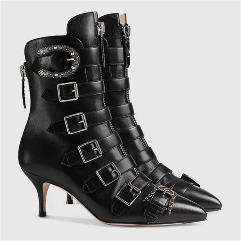 Brand Fashion Show Genuine Leather Women's Short Boots Belt Buckle Pointed High Heels Fashion European American Woman Shoe, kitten heel, zipper, 