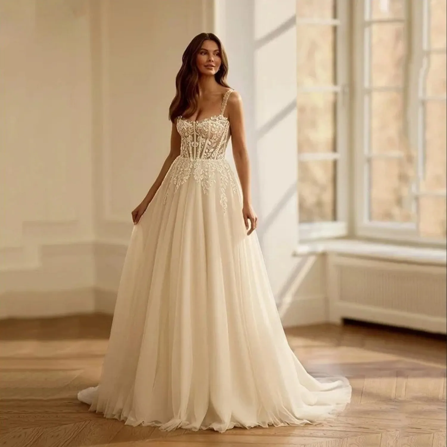 Sexy Floral Spaghetti Straps Boho Wedding Dresses Princess Appliques Bridal Gowns Robe De Mariee Vestidos De Novia