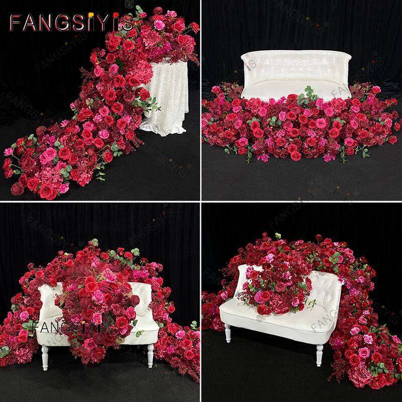 Red Wedding Backdrop Decor Floor Flower Row Runner Event Table Centerpieces Ball White Rose Floral Strip Arrangement Party Props Y260130