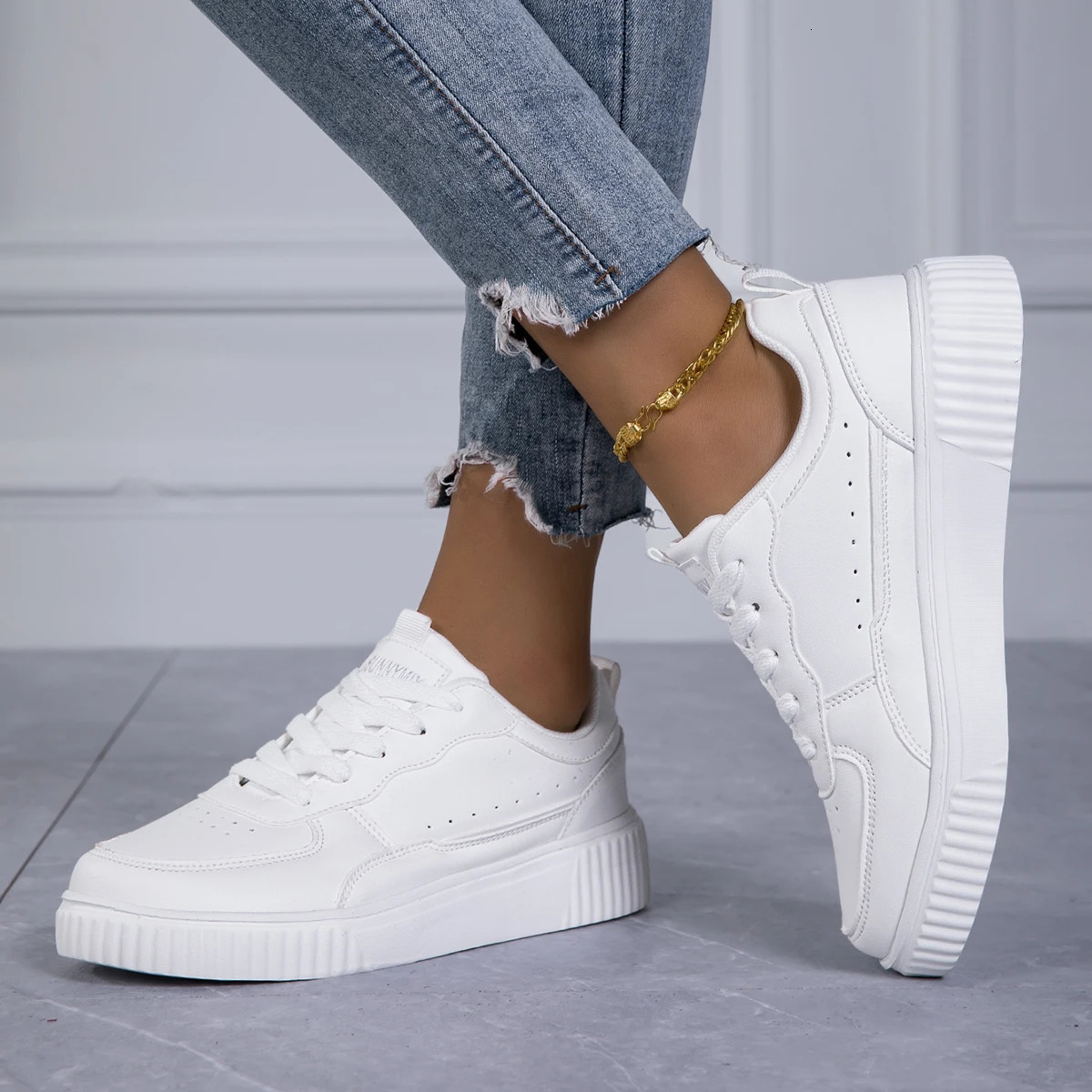 Womens Casual White Sneakers Chic Silver Trim Soft Lining Non-Slip Shoes Minimalist Pu Leather Skate Shoes for Women 260123
