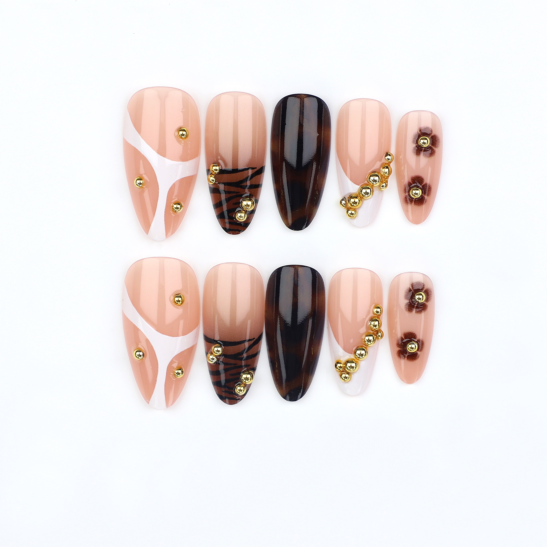 Autumn Winter Foreign Trade Water Drop Wearable Nails French Leopard Print Gold Beads Small Flowers Brightening Fake Nail Tips Detachable 24 Pieces