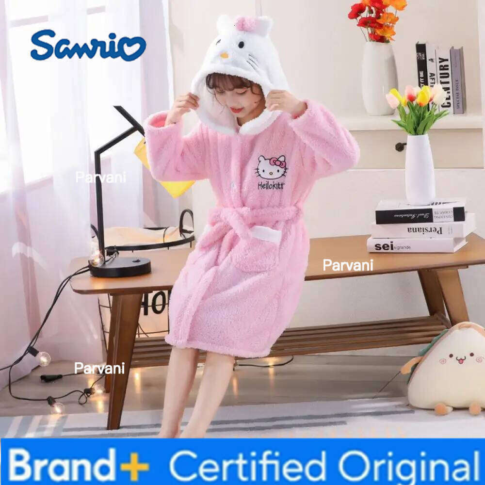 Sanrio s Kawaii Hello Kitty Pajamas Coral Velvet Children Girls Women Bathrobe Cartoon Anime Sleeping Robe Kids Hooded Loungewear H260130