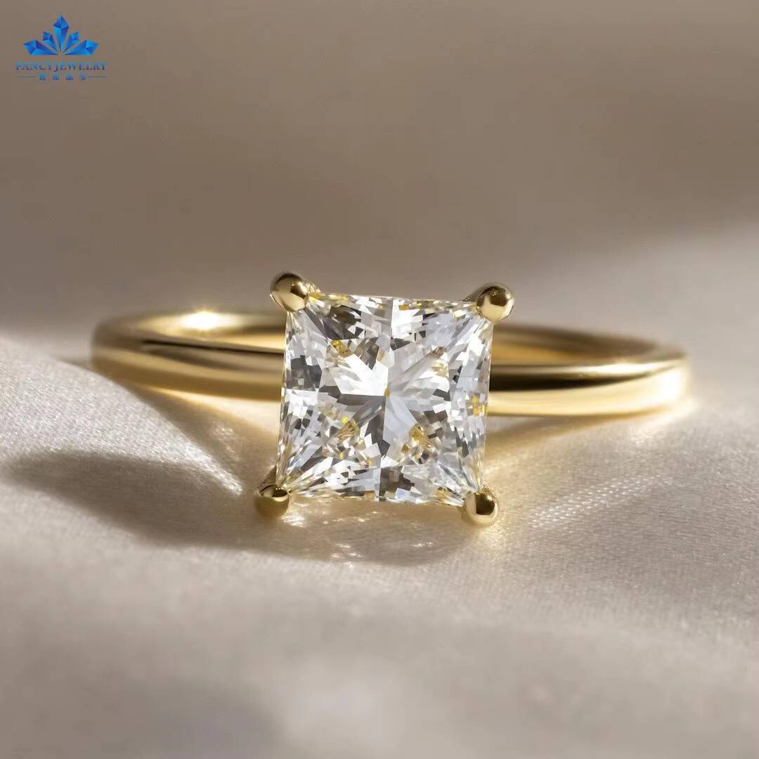 Fancy Jewelry Boutique 2CT Square Diamond 18k Solid Yellow Gold Moissanite Engagement Ring for Marriage