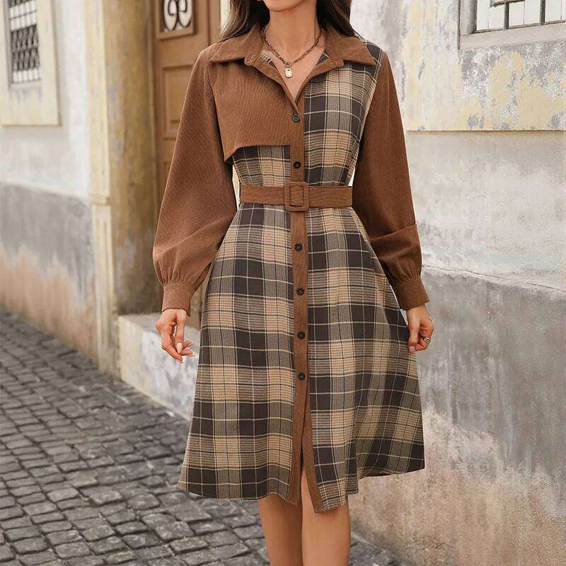 2025 New Fashion Printed Striped Lantern Long Sleeve Dress Summer Casual Retro Lapel Belt Dresses For Women XJ260130