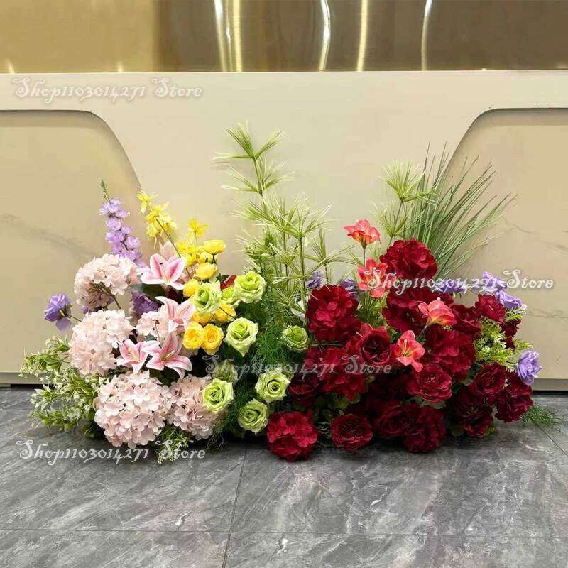 Green Leaf Silk Rose White Hydrangea Floor Flowers Row Wedding Table Floral Commercial Plaza Partition Hotel scene Layout Decor W260130